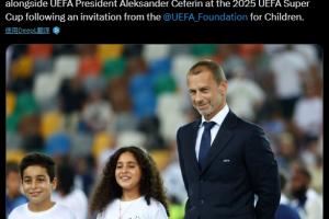 两名巴勒斯坦难民儿童受邀，与切费林一同参加欧超杯颁奖仪式